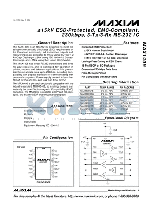 MAX1406C/D datasheet - +-15V, ESD-protected, EMC-compliant, 230kbps, 3-Tx/3-Rx RS-232 IC.