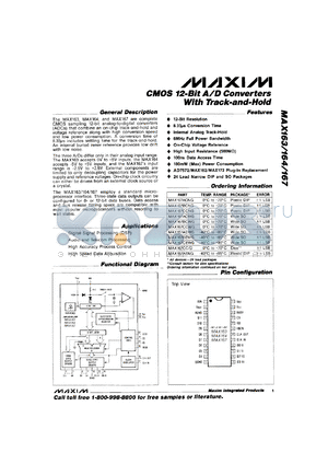 MAX167CEWG datasheet - CMOS 12-bit A/D converter with track-and-hold. Error +-1 LSB.