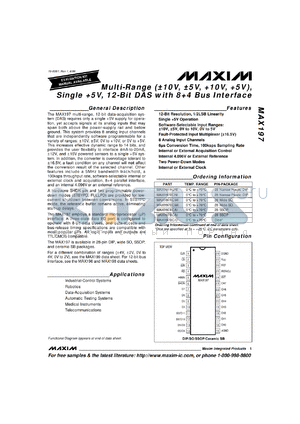 MAX197BC/D datasheet - Multi-range (+10V, +5V, +10V, +5V), single +5V, 12-bit DAS with 8+4 bus interface