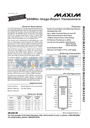 MAX2460EAI datasheet - 900 MHz image-reject transceiver.