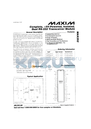 MAX252AEHL datasheet - Complete, +5V-powered, isolated, dual RS-232 transceiver module.