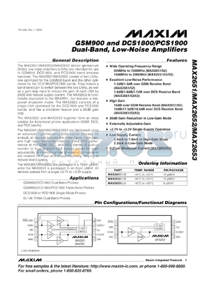 MAX2653EUB datasheet - GSM900 and DSC1900 dual-band, low-noise amplifier.