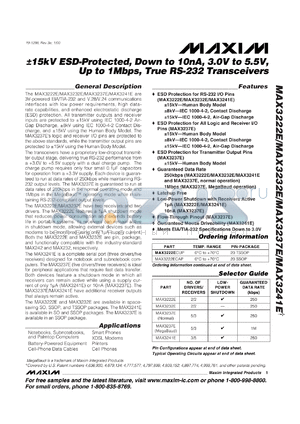 MAX3237ECAE datasheet - +-15kV ESD-protected, down to 10nA, 3.0V to5.5V, up to 1Mbps, true RS-232 transceiver.