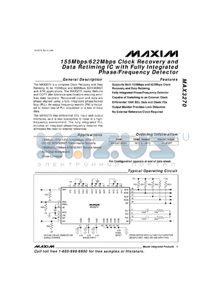 MAX3270EMN datasheet - 155Mbps/622Mbps clock recovery and data remiting IC with fully integrated phase/frequency detector.