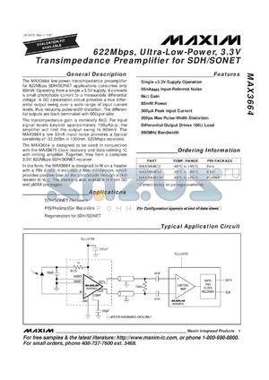 MAX3664EUA datasheet - 622Mbps, ultra-low-power, 3.3V transimpedance preamplifier for SDH/SONET.
