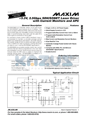 MAX3869E/D datasheet - +3.3V, 2.5Gbps, SDH/SONET, laser driver with gurrent monitor and APC.