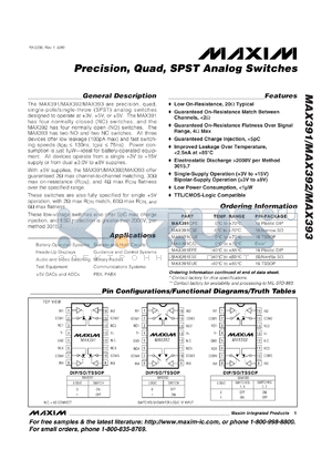 MAX392CUE datasheet - Precision, quad, SPST analog switch