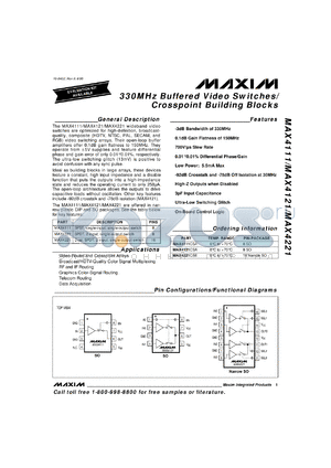 MAX4221CSA datasheet - Dual,SPDT, 2-input, single-output switch. 330MHz -3dB bandwidth.