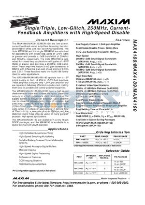 MAX4190ESD datasheet - Single, low-glitch, 185MHz -3dB bandwidth, 1.5mA supply current, current-feedback amplifier. Optimized for Av>=2V/V.