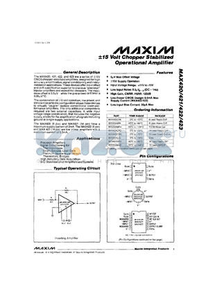 MAX423CWE datasheet - +-15V chopper stabilized operational amplifier.