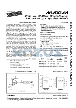 MAX4212EUK datasheet - Single, miniature, 300MHz -3dB bandwidth, single 3.3V/5.0V operation, Rail-to-Rail op amp with enable.