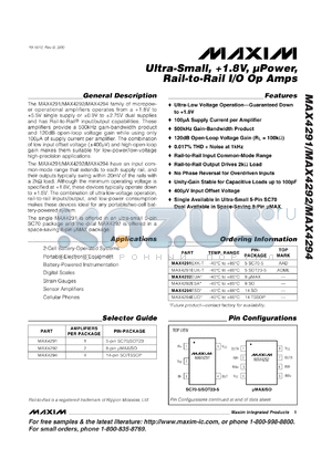 MAX4292EUA datasheet - Dual, ultra-small, single supply +1.8V to +5.5V or dual supples +-0.9V to +-2.75V, micropower, Rail-to-Rail I/O op amp.