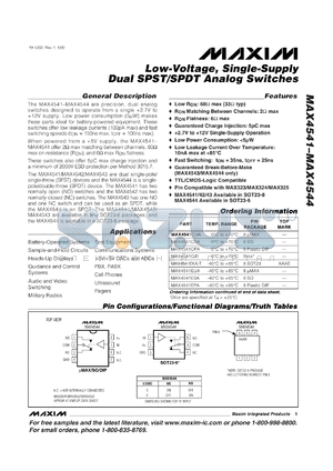MAX4541EAK-T datasheet - Low-voltage, single-supply dual SPST analog switch.