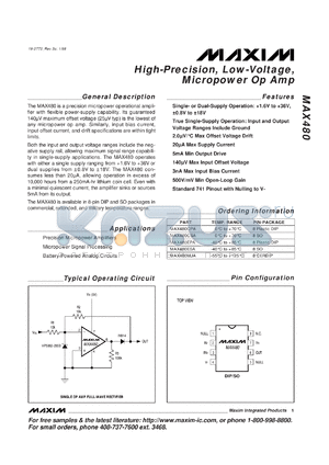 MAX480CPA datasheet - High-precision, low-voltage, micropower op amp.