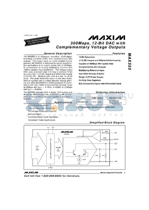 MAX555CQK datasheet - 300Msps, 12-bit DAC with complementary voltage outputs.