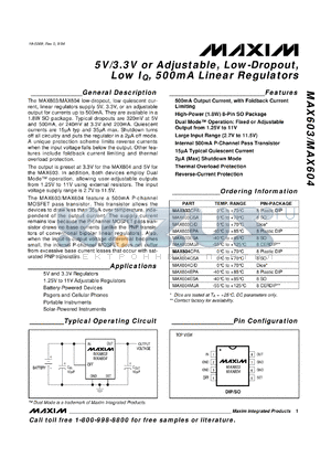 MAX603C/D datasheet - 5V or adjustable, low-dropout, low quiescent currrent, 500mA linear regulator.