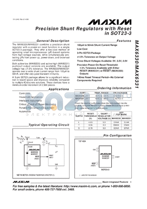 MAX6330SUR-T datasheet - Precision shunt regulator with reset. Reset threshold 2.78V, shunt regulator voltage 3.0V