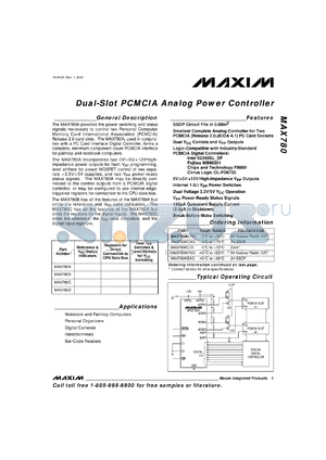 MAX780C/D datasheet - Dual-slot PCMCIA analog power controller.Reference & Vpp status indicator. Dual Vpp switches & level shifter for Vcc switching.