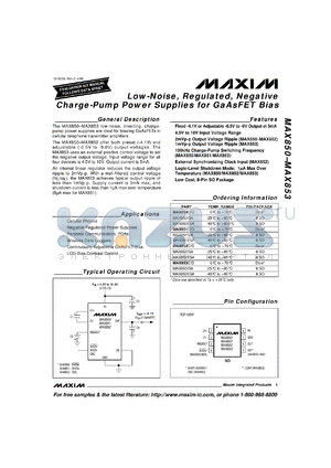 MAX850C/D datasheet - Low-noise, regulated, negative charge-pump power supplies for GaAsFET bias. 2mVp-p output voltage ripple. 100kHz chage-pump switching frequency. Logic-level shutdown mode: 1microA max over temp.