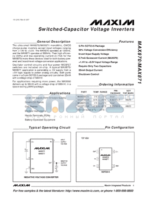 MAX870EUK/D datasheet - Switched-capacitor voltage inverter. Input voltage range +1.4V to +5.5V. 0.7mA quiescent current. 125kHz