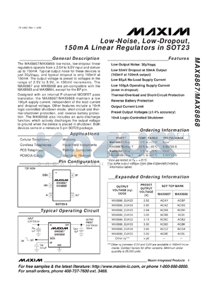 MAX8867C/D30 datasheet - Low-noise, low-dropout, 150mA linear regulator. Preset output voltage 3.00V