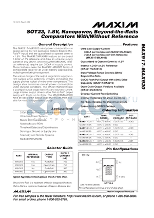 MAX918ESA datasheet - 1.8V, nanopower 750nA, Beyond-the-Rails comparator. Internal 1.245V+-1.5% reference. Open-drain output.