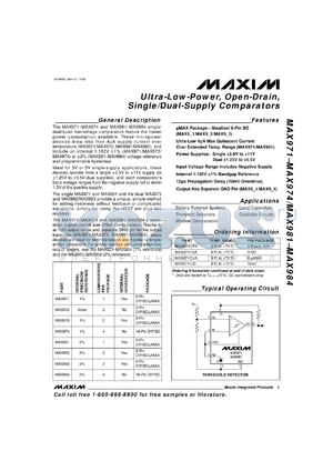 MAX974C/D datasheet - Ultra-low-power, open-drain, quad comparator. Internal precision reference 1%. Internal hysteresis no.