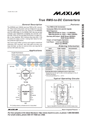 MX636KQ datasheet - True RMS-to-DC converter. 1MHz bandwidth for Vrms > 100mV. Auxiliary dB output: 50dB range. Low power: 0.8mA(typ).