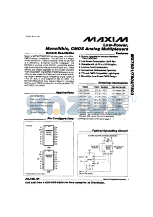 MX7502SE datasheet - Low-power, monolithic, CMOS analog multiplexer.