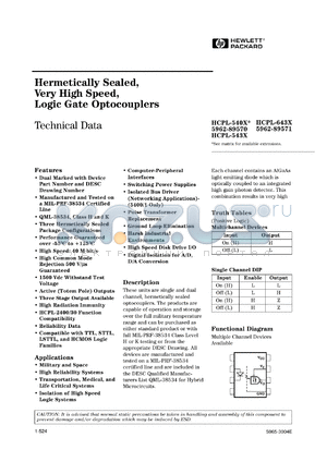 5962-8957001PC datasheet - Hermetically sealed, very high speed, logic gate optocoupler