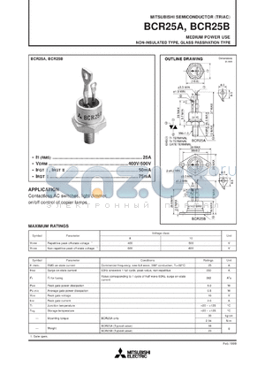 BCR25A datasheet - 25A semiconductor for medium power use, non-insulated type, glass passivation type