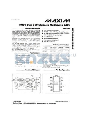 MX7528KN datasheet - CMOS dual 8 bit buffered multiplying DAC. +5V to 15V single supply operation. Error +-1/2 LSB.