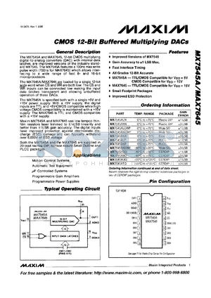 MAX7645BCPP datasheet - TTL/CMOS compatible for Vdd = 15V, 12-bit buffered multiplying DAC. Gain error +-3 LSB.