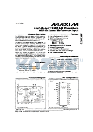 MX7672KP05 datasheet - High-speed 12-bit A/D converter with external reference input. Fast conversion time 5 microsec. Linearity +-1 LSB.