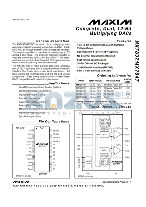 MX7837KN datasheet - Complete, dual, 12-bit multiplying DAC. 8-bit + 4-bit interface. Error (LSB) +-1/2