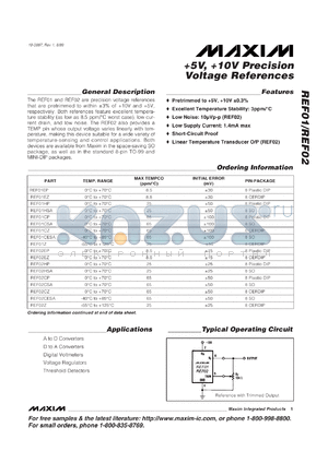 REF01CP-2 datasheet - +10V precisioon voltage reference. Max TEMPCO 65ppm/degC. Initial error +-100mV
