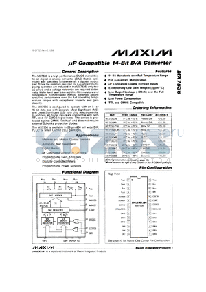 MX7536CD datasheet - Microprocessor-compatible, 14-bit D/A converter. Accuracy +-2 LSB.