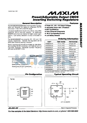 MAX635BESA datasheet - Preset -5V output or adjuistable output with 2 resistors, CMOS switching regulator. Output accuracy 10%.