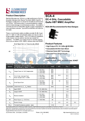 SCA-4 datasheet - DC-4 GHz, cascadable GaAs HBT MMIC amplifier. High output IP3: 33.2 dBm @ 850 MHz