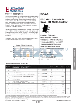 SCA-6 datasheet - DC-3 GHz, cascadable GaAs HBT MMIC amplifier. High output IP3: +30 dBm