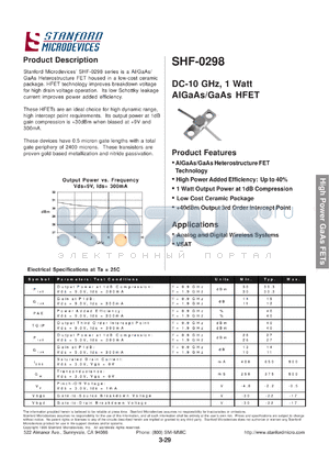 SHF-0298 datasheet - DC-10 GHz, 1 watt AiGaAs/GaAs HFET