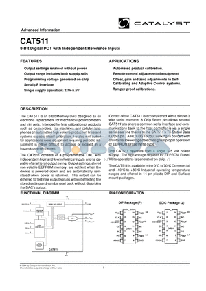 CAT511PI-TE13 datasheet - 8-bit  quad  digital POT with independent reference input