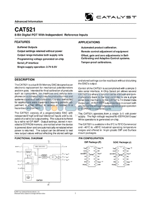 CAT521PI-TE13 datasheet - 8-bit  digital POT with independent reference input