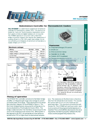 HY5600 datasheet - Subminiature controller for thermoelectric cooler