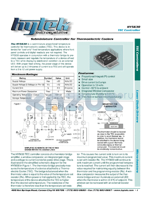 HY5630 datasheet - Subminiature controller for thermoelectric cooler