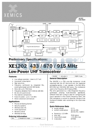 XE1202870 datasheet - 870MHz Low-power UHF transceiver