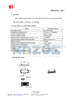 HC-49/SSMD datasheet - Crystal unit. Nominal frequency 3.579545-27.00MHz