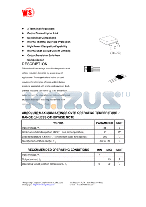 WS7805DP datasheet - Positive-voltage 3-terminal regulator. Output current up to 1.5A