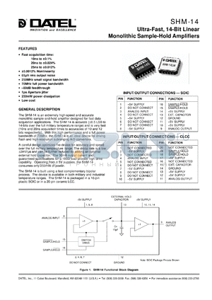 EVB-SHM14 datasheet - Ultra-fast, 14-bit linear monolithic sample-hold amplifier