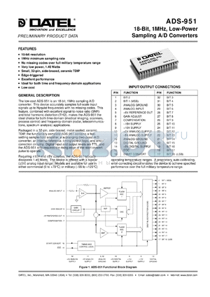 ADS-B951 datasheet - 18-Bit, 1MHz, low-power sampling  A/D converter